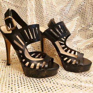 Guess Women's Black Leather Laser Cut Platform Stillettos Peep Toe Heels Size 5M